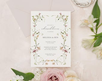 MELISSA | Spring Floral Rehearsal Dinner Printed Invitation, Wildflower Rehearsal Invitation, Garden Theme Rehearsal Dinner, Pink Floral