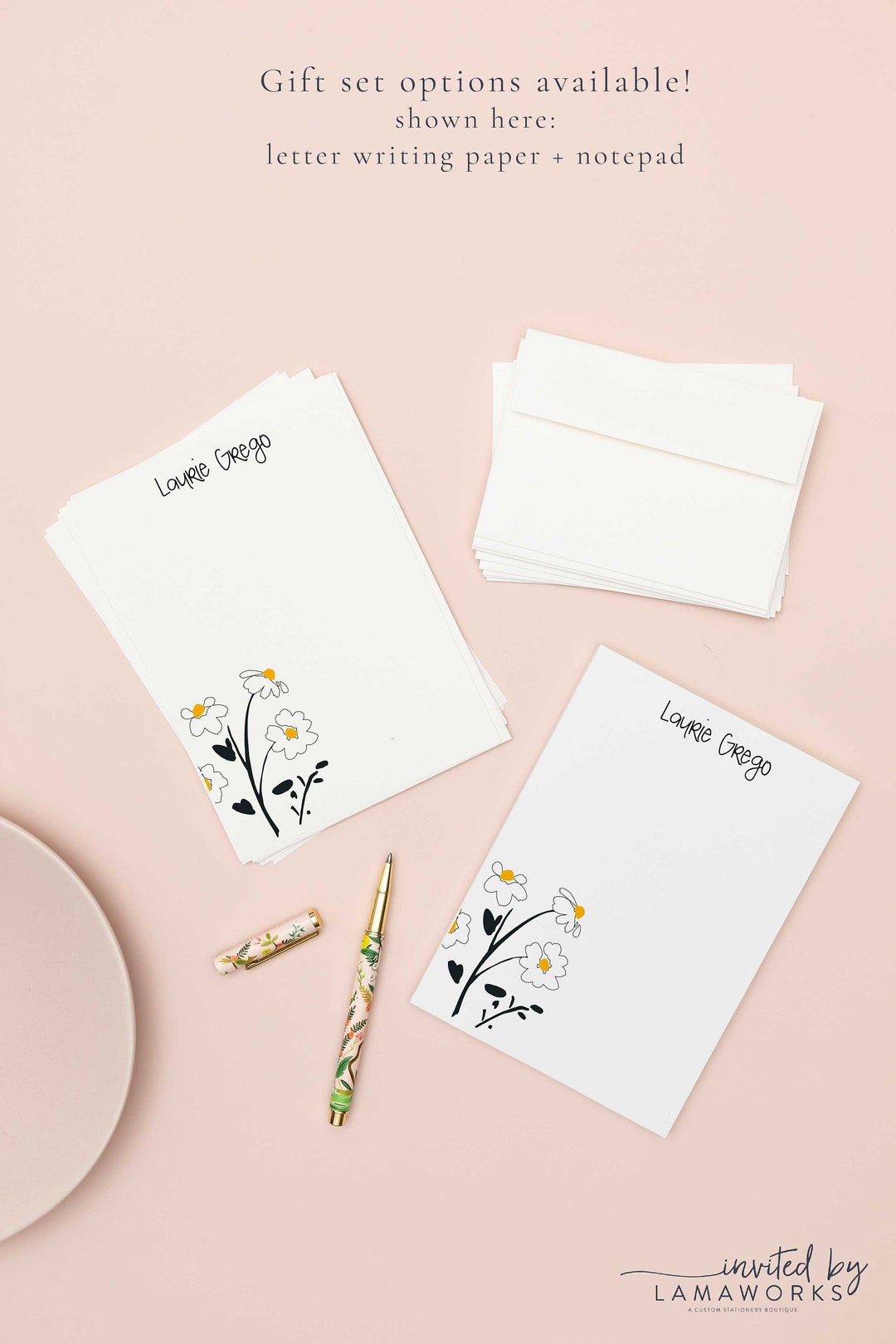 Personalized Flower Letter Writing Stationery Set, Custom Daisy
