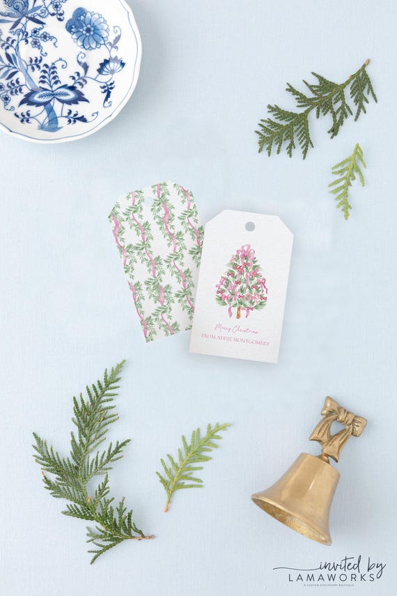 Pink Christmas Tree Favor Tag Personalized Custom Holiday Wedding Gift Family Label Name Tag Bow Design Festive Present Wrapping