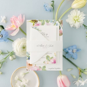 Elegant Wedding Invitation Suite with Watercolor Spring Flowers Printed Invite with Blush Pink and Blue Pastel Painted Florals Ophelia image 3