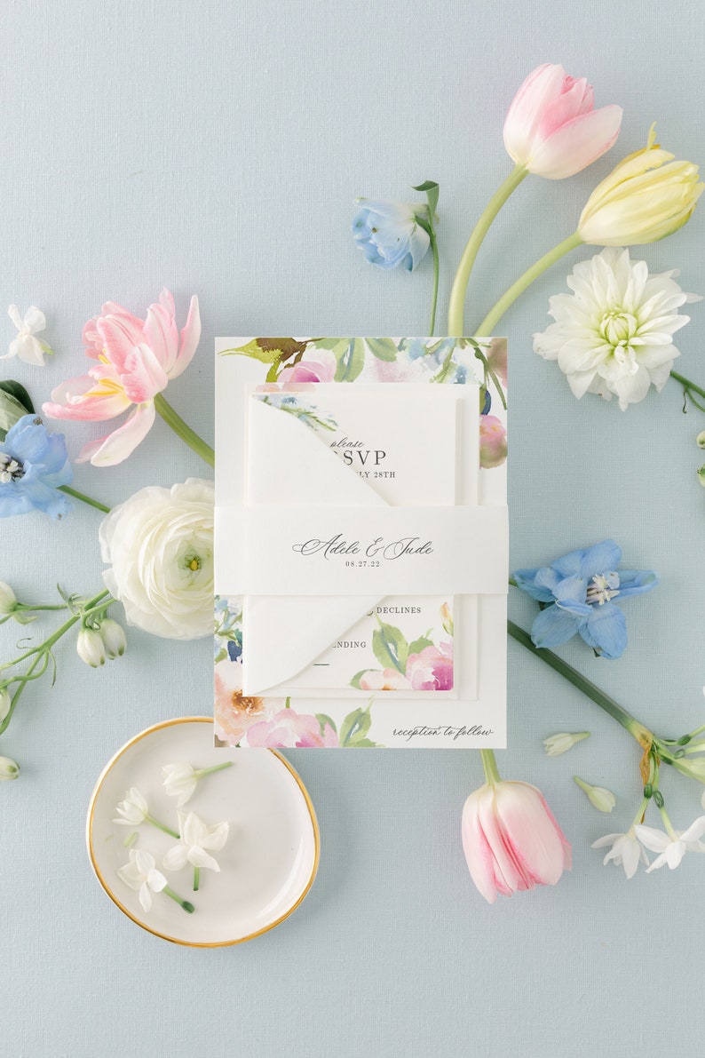 Elegant Wedding Invitation Suite with Watercolor Spring Flowers Printed Invite with Blush Pink and Blue Pastel Painted Florals Ophelia image 3