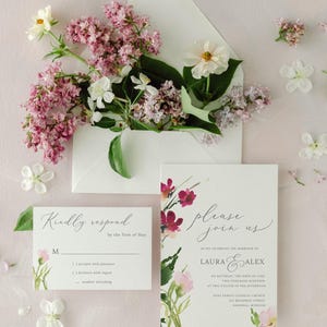 Blush Floral Wedding Invitation Suite with Watercolor Greenery & Flowers | Burgundy Printed Invites | Laura
