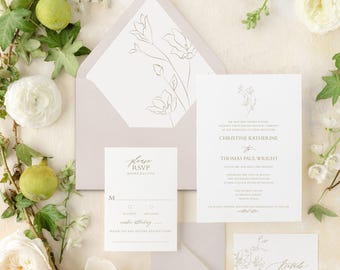 Floral Wedding Invitation Minimalist Classic, Wedding Invitation Suite Printed, Classic Wedding Invitation Bundle | Christine