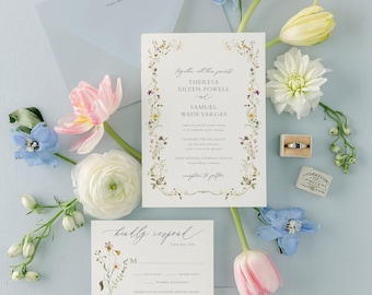 THERESA | Soft Wildflower Wedding Invitations, Floral Wedding Invitation Set, Blush, Purple and Yellow Wedding Invites, Printed Invitations