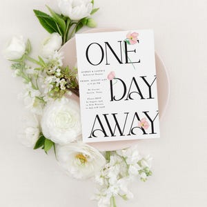 AUDREY | Pink Floral Minimalist Printed Rehearsal Dinner Invitation, Modern Wedding Rehearsal Invite, Elegant Dinner Invite, One Day Away