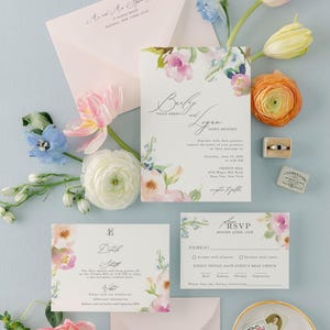OPHELIA | Blush Pink & Blue Floral Wedding Invitation Suite | Elegant Watercolor Spring Flowers | Printed Wedding Invite Set