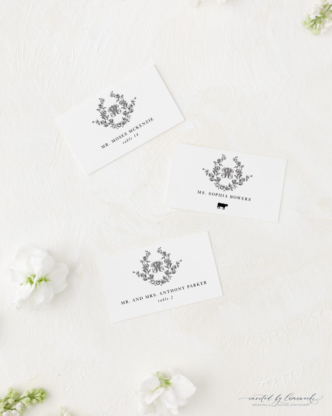 ADDISON | Monogram Wedding Place Cards With Floral Wreath, Escort Cards ...