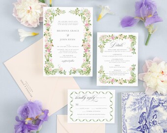 BRIANNA | Wildflower Garden Wedding Invitation | Watercolor Floral Invite | Pink Peony & Blue Delphinium Design