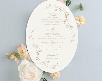 HANNAH | Whimsical Garden Wedding Menu Cards Printed, 5X7 Oval Shaped Menu, Rehearsal Dinner, Floral Menu, Romantic Printed Wedding Menu