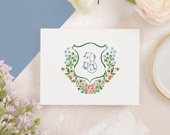 MADISON | Watercolor Floral Monogram Crest Wedding Personal Stationery, Folded Thank You Stationary, Personalized Blue Crest Stationery