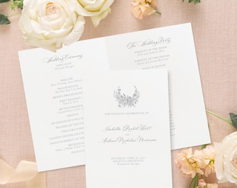 ISABELLA | Folded Wedding Program | Black Tie Ceremony Program with Floral Wreath | Printed 5x7 Program