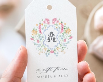 SOPHIA | Gift Tag Personalized Monogram Crest, Custom Gift Tag Wedding, Wedding Gift Tag Favors, Personalized Gift Tags -Choice of Shape