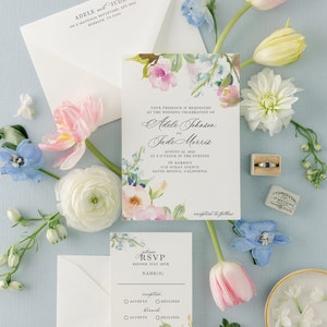 Elegant Wedding Invitation Suite with Watercolor Spring Flowers Printed Invite with Blush Pink and Blue Pastel Painted Florals Ophelia image 4