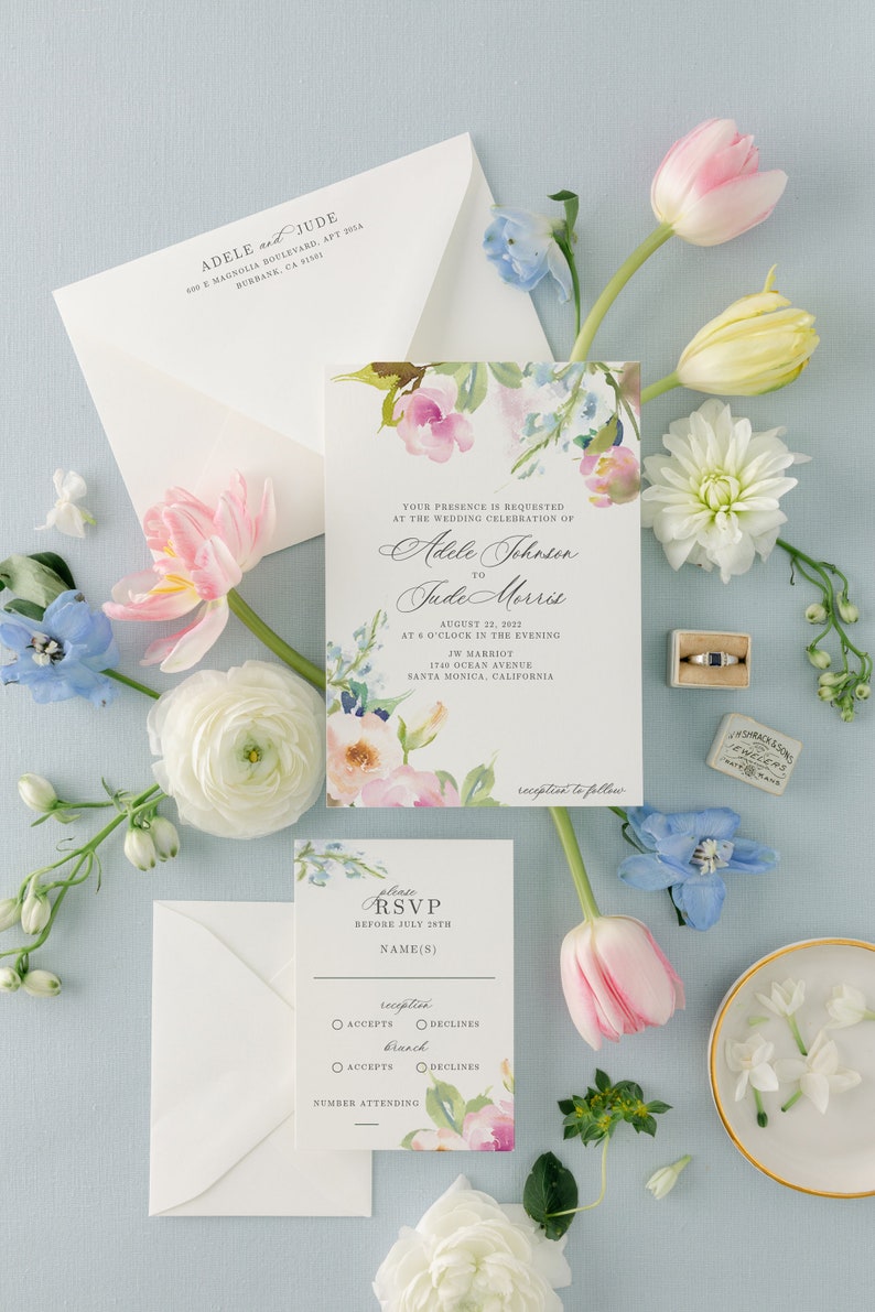 Elegant Wedding Invitation Suite with Watercolor Spring Flowers Printed Invite with Blush Pink and Blue Pastel Painted Florals Ophelia image 4