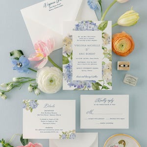Elegant Printed Wedding Invitation Suite with Blue Watercolor Hydrangeas | Invite Set with Dusty Blue and Ivory Flowers | Virginia