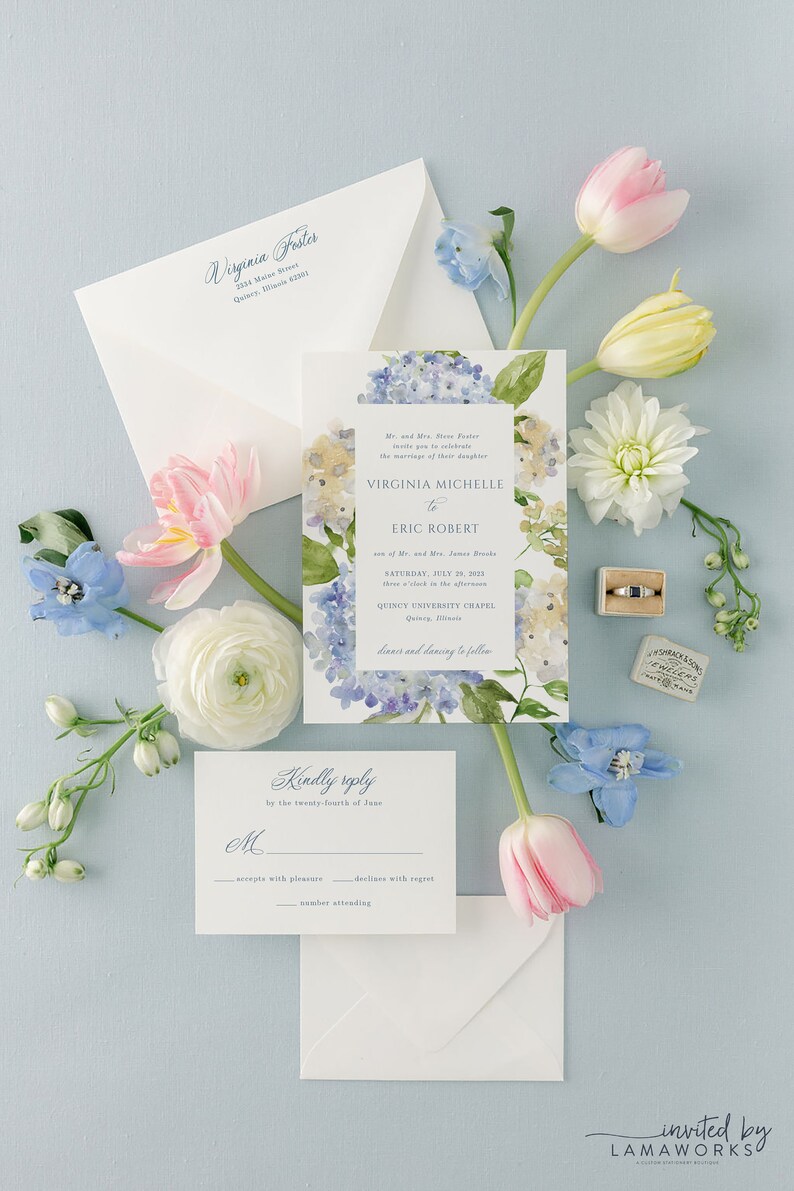 Elegant Printed Wedding Invitation Suite with Blue Watercolor Hydrangeas Invite Set with Dusty Blue and Ivory Flowers Virginia Bild 3