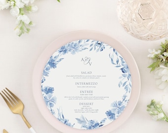 ALEXANDRA | Dusty Blue Round Floral Menus Printed, Printed Elegant and Classic Wedding Dinner Menu Card, French Blue Floral Garden Menu