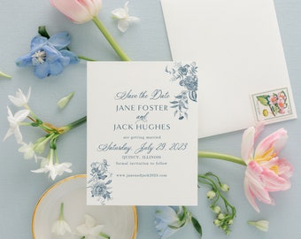 Elegant Calligraphy Vintage Floral Save the Date for a Traditional Wedding, Classic Printed Save the Dates | Jane