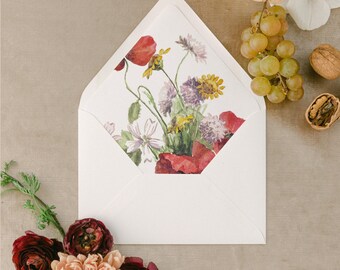 POPPY | Floral Lined Envelopes for Wedding Invitations, Fine Art Wedding Envelopes, Vintage Painting Liner, Wildflower, Red, Yellow, Purple