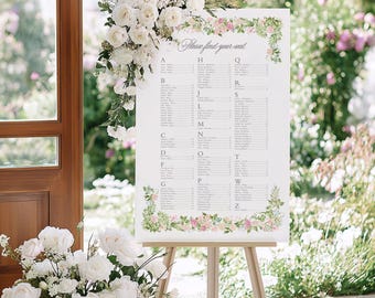 BRIANNA | Elegant Wedding Seating Chart | Pink Floral Wedding Sign | Alphabetical Seating Plan