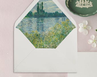 BANKS of the SEINE Monet Impressionist Art Wedding Envelope Liner, Printed Envelope Liners for Wedding Invitations - Set of 25
