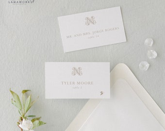 Gold Printed Wedding Escort Cards or Place Cards with Monogram  | Custom Monogrammed Flat or Folded Reception Name Seating Card |  CHARLOTTE