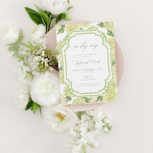 TAYLOR | Grandmillennial Green Hydrangea Invitation, Classic Green Bamboo Border White Hydrangea Invitation, Chinoiserie Rehearsal Dinner