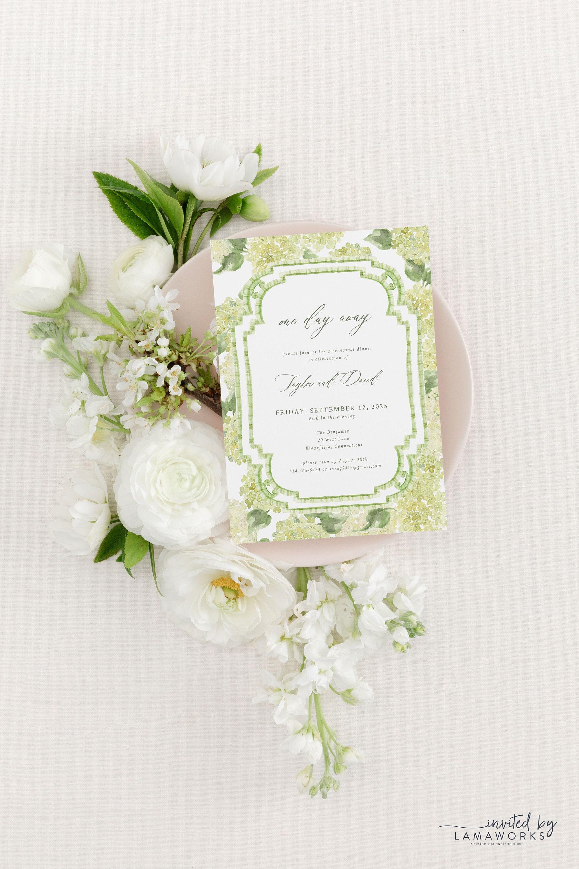 TAYLOR | Grandmillennial Green Hydrangea Invitation, Classic Green Bamboo Border White Hydrangea Invitation, Chinoiserie Rehearsal Dinner