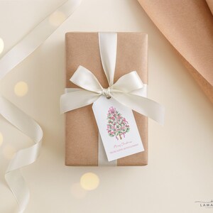 Personalized Holiday Labels Custom Christmas Gift Tags Pink Tree Design Family Name Stickers Festive Present Wrapping Supplies Bow Accent Gift Labels Wedding Favor Tags Holiday Party Accessories Custom Family Christmas Labels Name Tag
