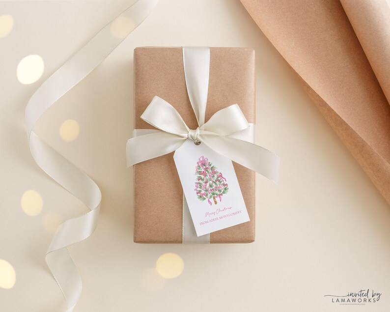 Personalized Holiday Labels Custom Christmas Gift Tags Pink Tree Design Family Name Stickers Festive Present Wrapping Supplies Bow Accent Gift Labels Wedding Favor Tags Holiday Party Accessories Custom Family Christmas Labels Name Tag