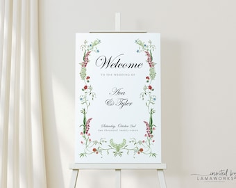 AVA | Dunkel Rot und Blau Floral Willkommensschild Poster, Für Hochzeiten oder Duschen, Burgund Blumenhochzeit Willkommensschild Download