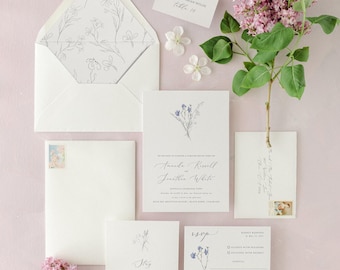 Wildflower Wedding Invitation | Blue Spring Floral Invite | Elegant Simple Invitation Suite | Printed Wedding Invitations | Amanda