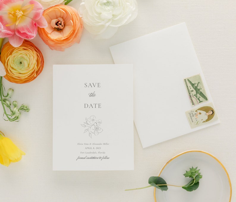 Elegant Minimalist Floral Save the Date with Envelope Liner Options Simple Modern Printed Save the Date Custom Colors Eloise image 2