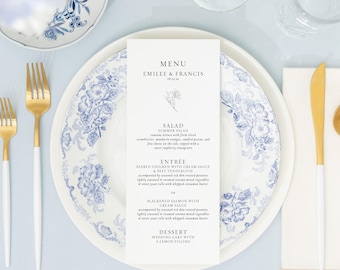 EMILEE | Modern Floral Wedding Menu, Simple Wedding Menu Cards with Flower, Printed Menu Cards with Small Dahlia