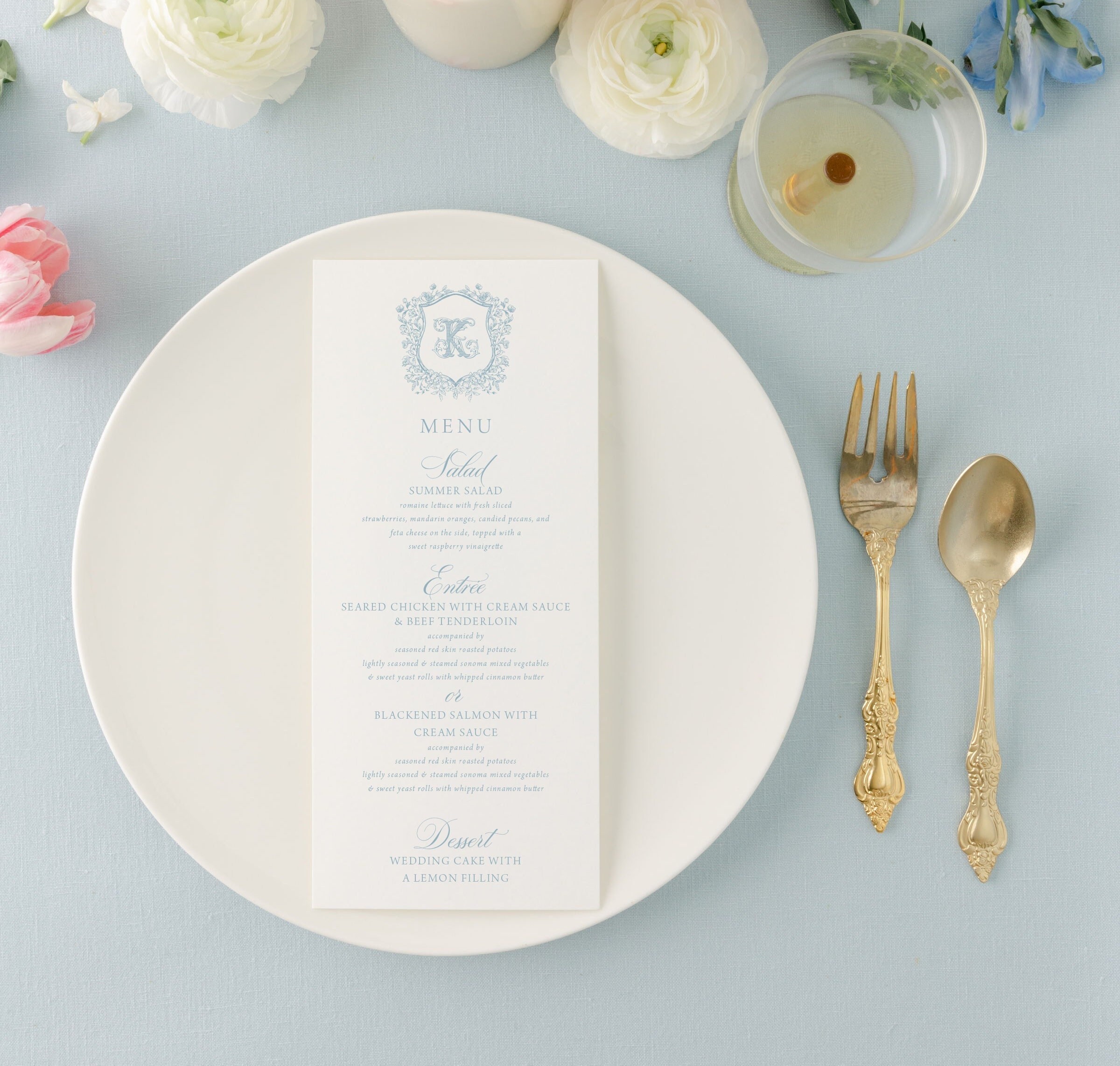 Printed Wedding Menu with Monogram and Crest  | Classic, Elegant Wedding Reception Menu | Ashley