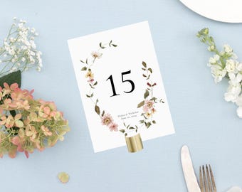 DIANA | Wildflower Wedding Table Numbers, Floral Wedding Numbers Printed, Elegant Wedding Table Number with Wreath, Dusty Pink & Yellow