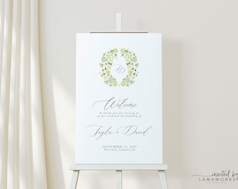 TAYLOR | White Hydrangea Wedding Welcome Sign Template, Green Hydrangea Welcome Sign, Spring Wedding Decor, Wedding Welcome Sign Printable