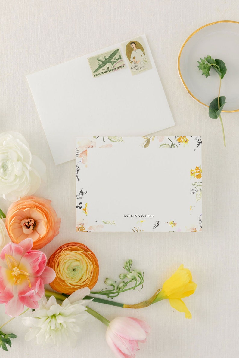 Yellow Floral Personal Stationary Set Floral Stationery Personalized for Women, Custom Note Cards, 4bar or A2 Katrina image 1