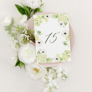 TAYLOR | Green Hydrangea Floral Wedding Table Numbers, Green and White Wildflower Table Number, Printed Table Numbers, Modern Rustic Wedding