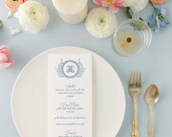 Wedding Menu with Botanical Crest | Elegant Calligraphy |  Formal Printed Reception Menu | Jessica