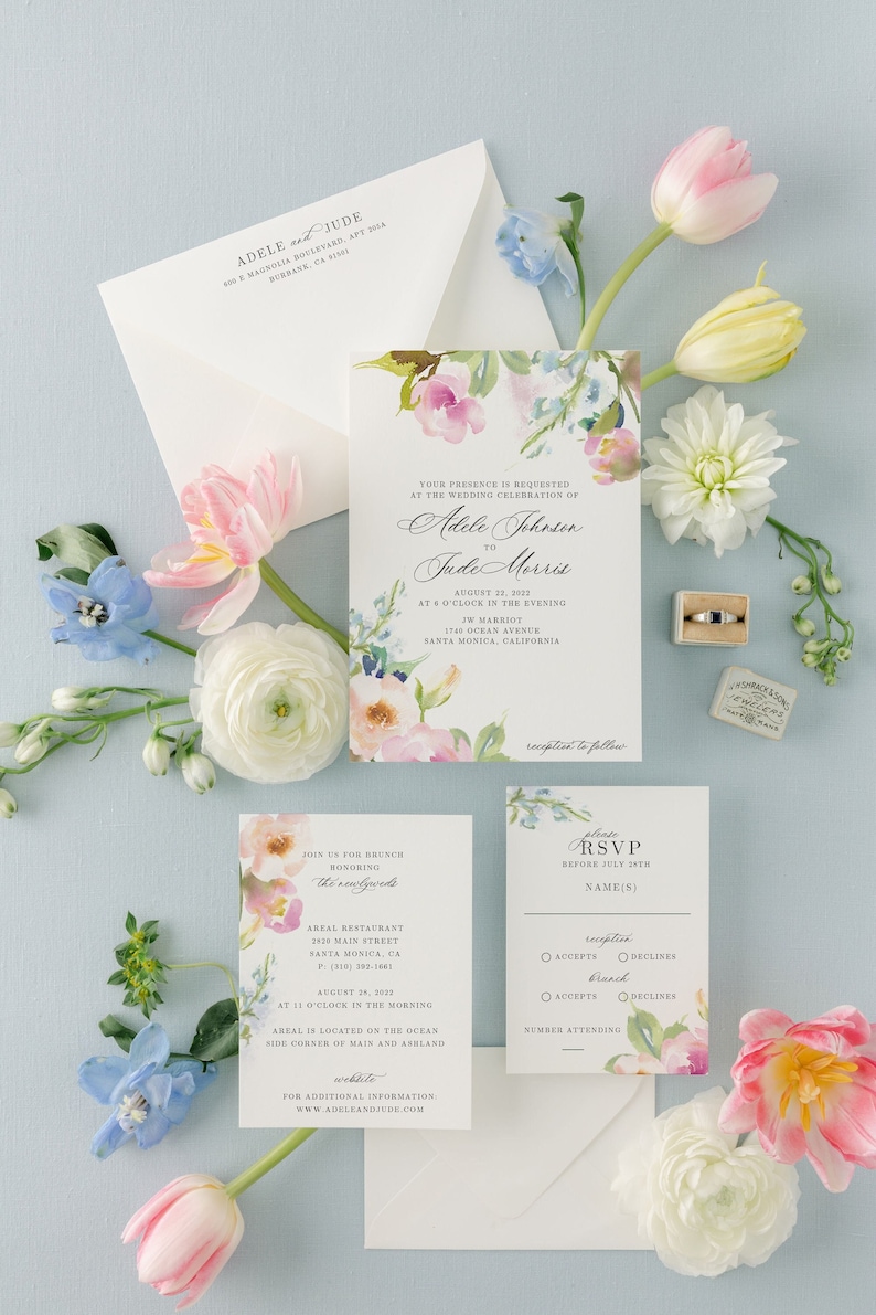 Elegant Wedding Invitation Suite with Watercolor Spring Flowers Printed Invite with Blush Pink and Blue Pastel Painted Florals Ophelia image 1