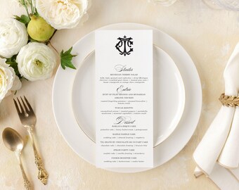 CHRISTINA | Printed Wedding Menu with Monogram  | Classic, Elegant Wedding Reception Menu | Custom Menu | Simple Black and White Menu Cards