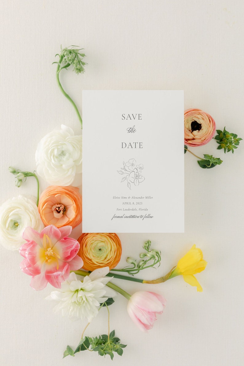 Elegant Minimalist Floral Save the Date with Envelope Liner Options Simple Modern Printed Save the Date Custom Colors Eloise image 1