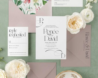 RENEE | Minimal Modern Wedding Invitation Suite, Simple Elegant Wedding Invitation Printed, Printed Minimalist Wedding Invitation Set