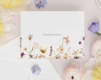 THERESA | Purple Watercolor Floral Thank You Cards, Dusty Pink Baby Shower Thank You Cards, Bridal Shower Thank You Card, Wedding Thank You