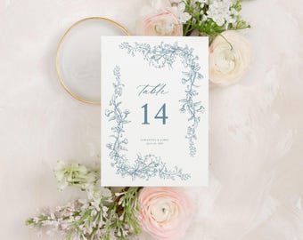 SAMANTHA | Floral Wedding Table Numbers, French Blue Printed Table Number Sign, Elegant Wedding Table Number, Classic Wedding, 5x7 or 4x5