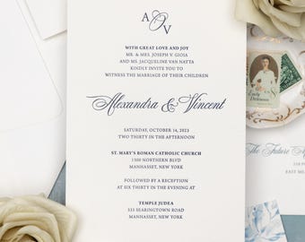 ALEXANDRA | Elegant Blue Floral Wedding Invitation Suite, Semi-Custom Printed Invitations