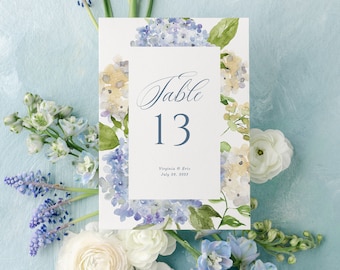 Blue and White Hydrangea Wedding Table Numbers, Personalized Wedding Date Printed Table Numbers | 5x7 or 4x5 | White or Ivory | Virginia