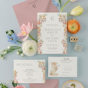 GWEN | Wildflower Wedding Invitation, Pink, Orange and Blue Floral Wedding Invitations, Floral Invitation Wedding, Romantic Wedding Invites