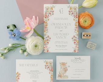 GWEN | Wildflower Wedding Invitation, Pink, Orange and Blue Floral Wedding Invitations, Floral Invitation Wedding, Romantic Wedding Invites